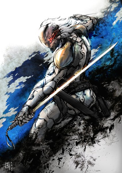 Anime picture 900x1273 with metal gear metal gear solid raiden mar-c! single tall image short hair holding signed white hair fighting stance dual wielding boy weapon sword cyborg