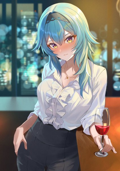 Anime picture 1448x2048 with genshin impact eula lawrence chakuma (yiyh1468) single long hair tall image looking at viewer blush fringe breasts hair between eyes standing holding yellow eyes blue hair indoors long sleeves head tilt alternate costume city lights