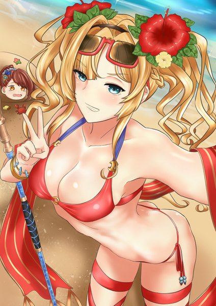 Anime picture 2067x2924 with granblue fantasy zeta (granblue fantasy) beatrix (granblue fantasy) sam (metalibon) long hair tall image looking at viewer blush fringe highres breasts light erotic blonde hair smile brown hair large breasts multiple girls yellow eyes payot cleavage