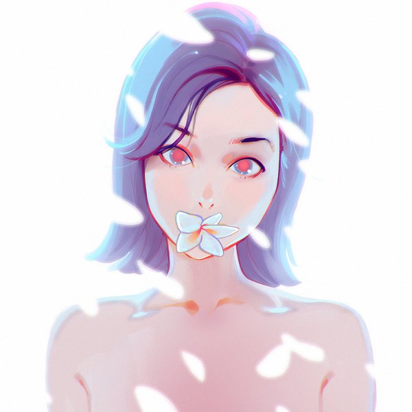 Anime picture 1080x1080 with original ilya kuvshinov single looking at viewer short hair light erotic simple background red eyes white background holding blue hair nude depth of field mouth hold topless flower in mouth girl flower (flowers) petals