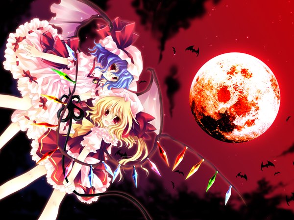Anime picture 1600x1200 with touhou flandre scarlet remilia scarlet sakurazawa izumi sky girl weapon moon laevatein (touhou) tagme