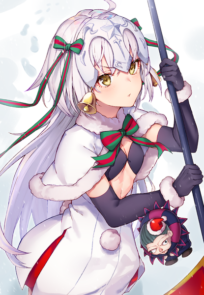 Anime picture 1600x2313 with fate (series) fate/grand order jeanne d'arc (fate) (all) jeanne d'arc alter santa lily (fate) caster (fate/zero) black cola single long hair tall image blush fringe light erotic standing holding yellow eyes silver hair ahoge from above fur trim symbol-shaped pupils