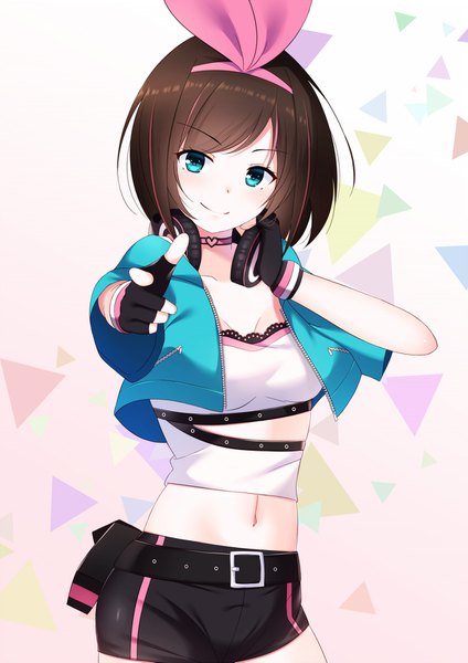 Anime picture 1240x1753 with virtual youtuber a.i. channel kizuna ai kizuna ai (a.i. games) michael258 single tall image looking at viewer fringe short hair simple background smile brown hair standing multicolored hair aqua eyes open jacket two-tone hair short sleeves midriff