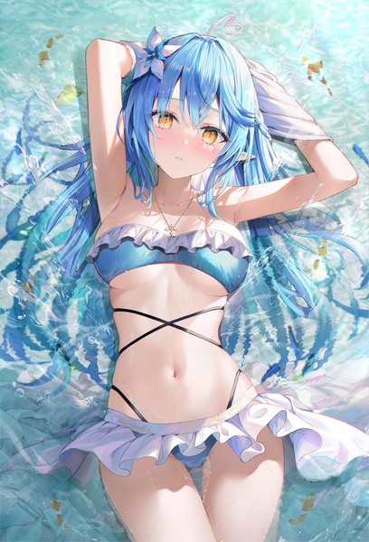 Anime picture 1773x2605 with virtual youtuber hololive yukihana lamy rin yuu single long hair tall image looking at viewer blush fringe highres breasts light erotic hair between eyes yellow eyes blue hair ahoge outdoors lying parted lips