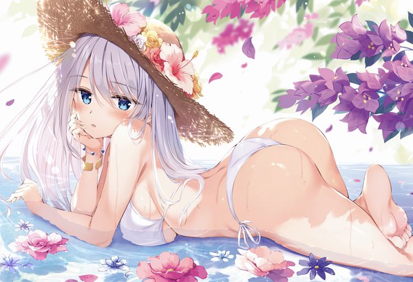 Anime picture 2808x1920 with original dengeki moeou oryou single long hair looking at viewer blush fringe highres breasts open mouth blue eyes light erotic hair between eyes large breasts payot silver hair outdoors ass lying