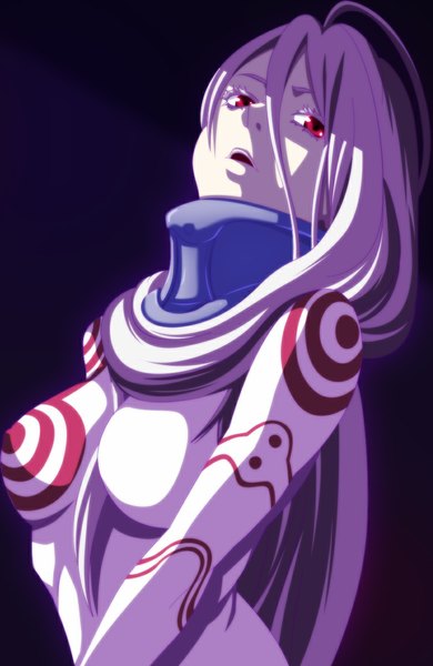 Anime picture 740x1136 with deadman wonderland shiro (deadman wonderland) eroishi single long hair tall image breasts open mouth red eyes pink hair ahoge coloring dark background girl