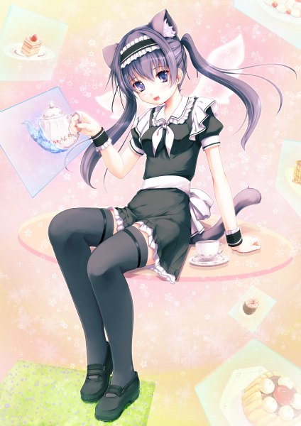 Anime picture 848x1200 with original aruciii single long hair tall image looking at viewer open mouth blue eyes twintails animal ears purple hair tail animal tail cat ears cat girl cat tail girl thighhighs dress black thighhighs