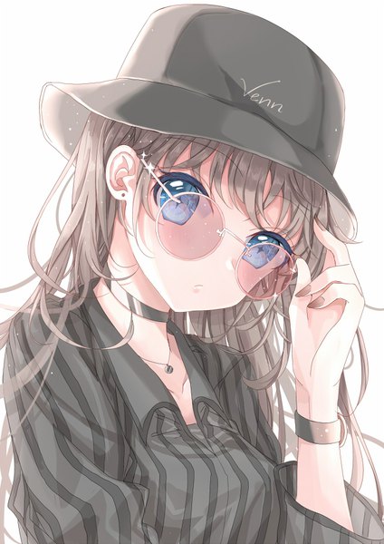 Anime picture 650x919 with original venn (vebonbon) single long hair tall image looking at viewer blush fringe blue eyes simple background brown hair white background signed upper body nail polish head tilt fingernails symbol-shaped pupils striped clothes writing