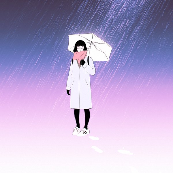 イラスト 1080x1080 と オリジナル イリヤ・クブシノブ ソロ 短い髪 黒髪 立つ 全身 gradient background rain footprints 女の子 手袋 パンスト 黒い手袋 眼鏡 黒パンスト 襟巻き 傘 コート