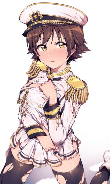 Anime picture 720x1200 with idolmaster idolmaster cinderella girls honda mio jp06 single tall image blush fringe short hair light erotic simple background brown hair white background yellow eyes looking away long sleeves parted lips pleated skirt shadow wet