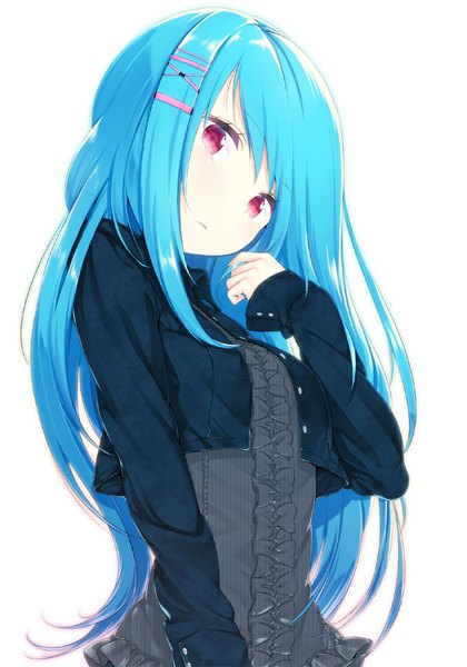 Anime picture 700x1000 with original zizi (zz22) single long hair tall image looking at viewer blush simple background red eyes white background blue hair head tilt adjusting hair girl hair ornament shirt bobby pin x hair ornament