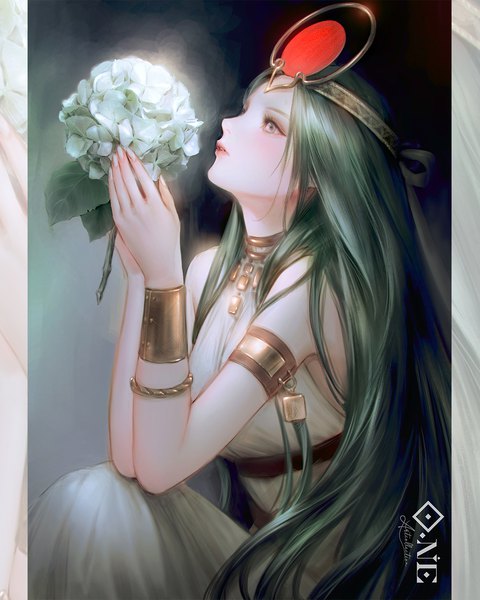 Anime picture 1080x1350 with original 'o'ne (ekdlem1) single long hair tall image holding signed looking away parted lips profile fingernails green hair lips looking up silver eyes girl dress flower (flowers) bracelet necklace