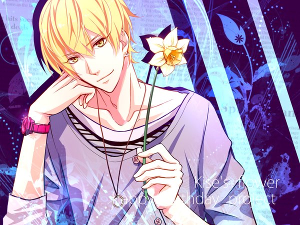 Anime picture 2000x1500 with kuroko no basket production i.g kise ryouta lyu* single looking at viewer highres short hair blonde hair smile holding yellow eyes head tilt light smile hand on cheek boy flower (flowers) pendant sweater clock
