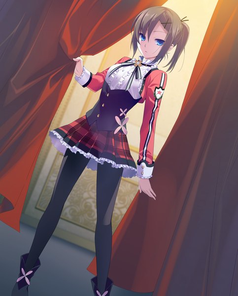 Anime picture 1280x1590 with kimi to boku to no kishi no hibi: rakuen no chevalier tagme (character) tagme (artist) single long hair tall image looking at viewer fringe breasts blue eyes brown hair standing holding game cg legs plaid skirt plaid girl skirt uniform