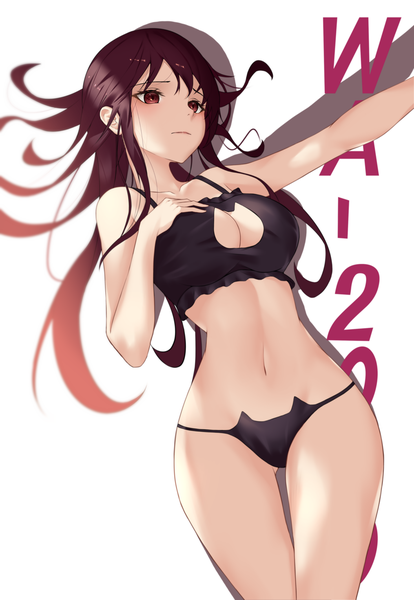 Anime picture 1843x2667 with girls frontline wa2000 (girls frontline) maca ron single long hair tall image blush fringe highres breasts light erotic simple background hair between eyes red eyes brown hair standing white background bare shoulders looking away cleavage