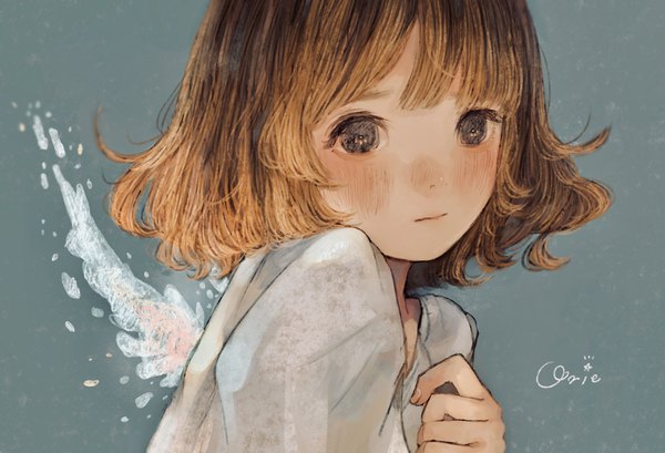Anime picture 1972x1346 with original orie h single blush highres short hair simple background brown hair signed upper body black eyes grey background girl wings