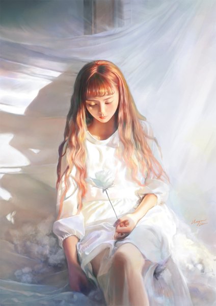 Anime picture 1188x1680 with original wayne chan single long hair tall image brown hair sitting eyes closed realistic girl dress flower (flowers)