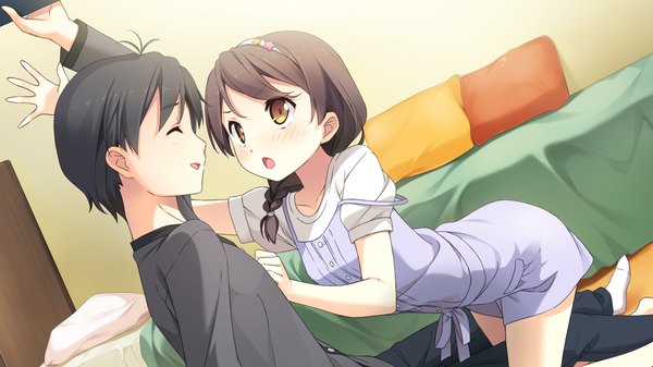 Anime picture 1920x1080 with your diary nagamine tomoki hirosaki kanade kantoku long hair blush highres short hair open mouth black hair brown hair wide image brown eyes game cg braid (braids) couple girl dress boy bed