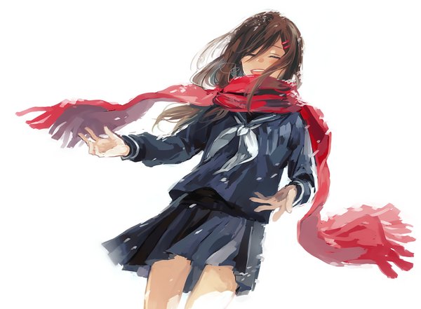 Anime picture 800x589 with kagerou project shaft (studio) tateyama ayano nuriko-kun (artist) single long hair blush open mouth simple background brown hair white background eyes closed wind spread arms girl uniform hair ornament serafuku scarf bobby pin