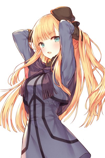 Anime picture 700x1050 with fate (series) fate/grand order lord el-melloi ii case files reines el-melloi archisorte kh (kh 1128) single long hair tall image looking at viewer blush fringe open mouth simple background blonde hair standing white background upper body blunt bangs aqua eyes arms up