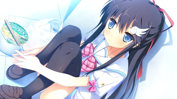 Anime picture 2560x1440 with naka no hito nado inai hondou ayano nimura yuuji long hair blush highres blue eyes black hair wide image game cg pantyshot pantyshot sitting girl thighhighs uniform hair ornament underwear panties bow ribbon (ribbons)