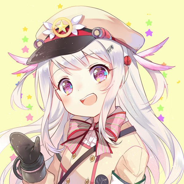Anime picture 1181x1181 with fate (series) fate/kaleid liner prisma illya illyasviel von einzbern prisma illya ekita xuan single long hair looking at viewer blush fringe open mouth simple background purple eyes silver hair upper body two side up yellow background girl hat hairclip