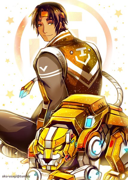 Anime picture 600x840 with voltron: legendary defender hyakujuu-ou golion tsuyoshi hunk garrett evil-usagi single tall image short hair smile brown hair sitting signed yellow eyes looking back crossed legs turning head eyebrows boy bandana robot lion