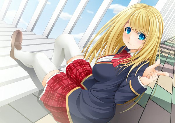 Anime picture 1000x706 with creek (moon-sky) single long hair looking at viewer blue eyes blonde hair sitting girl thighhighs skirt uniform school uniform white thighhighs bowtie