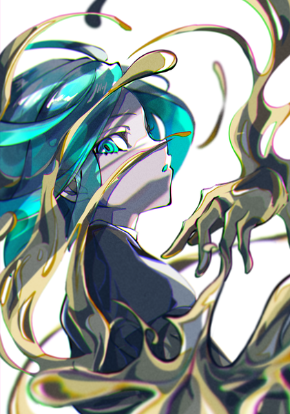 Anime picture 4065x5787 with houseki no kuni phosphophyllite natsume hinako single tall image looking at viewer highres short hair simple background white background absurdres upper body profile aqua eyes aqua hair androgynous spoilers gold
