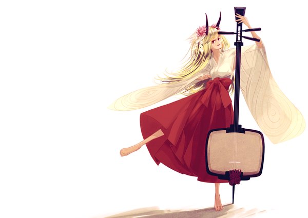 Anime picture 4200x2979 with original aogiri (artist) single long hair looking at viewer highres simple background blonde hair red eyes white background absurdres traditional clothes barefoot hair flower horn (horns) legs girl hair ornament musical instrument shamisen
