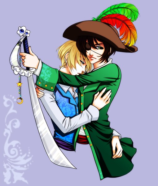 Anime picture 1000x1176 with harry potter harry potter (character) draco malfoy eflunn (emilylunn) tall image short hair blue eyes black hair blonde hair simple background brown hair green eyes profile multiple boys couple hug open collar crescent purple background parody