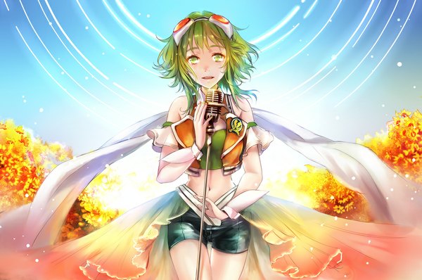 Anime picture 1052x698 with vocaloid gumi monkeyyan single short hair green eyes green hair girl navel flower (flowers) shorts microphone stand