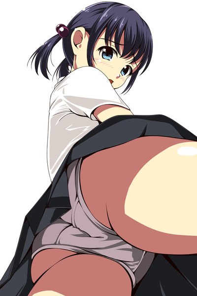 Anime picture 800x1200 with original matsunaga kouyou single tall image looking at viewer blush short hair open mouth blue eyes light erotic black hair simple background white background twintails short twintails girl skirt underwear panties shirt
