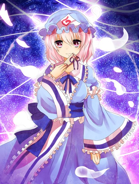 Anime picture 1712x2264 with touhou saigyouji yuyuko single tall image highres short hair purple eyes pink hair ghost girl dress frills bonnet fan