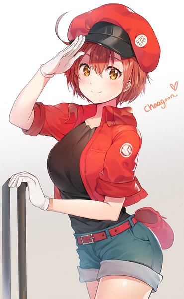 イラスト 700x1135 と はたらく細胞 david production ae-3803 red blood cell (hataraku saibou) chaagoon ソロ 長身像 カメラ目線 赤面 前髪 短い髪 simple background 笑顔 hair between eyes signed 黄色眼 アホ毛 赤髪 open jacket gradient background