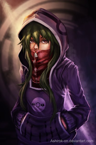 Anime picture 1969x2953 with kagerou project shaft (studio) kido tsubomi ashirok-on (artist) single long hair tall image looking at viewer highres red eyes signed green hair hands in pockets girl hood clothes
