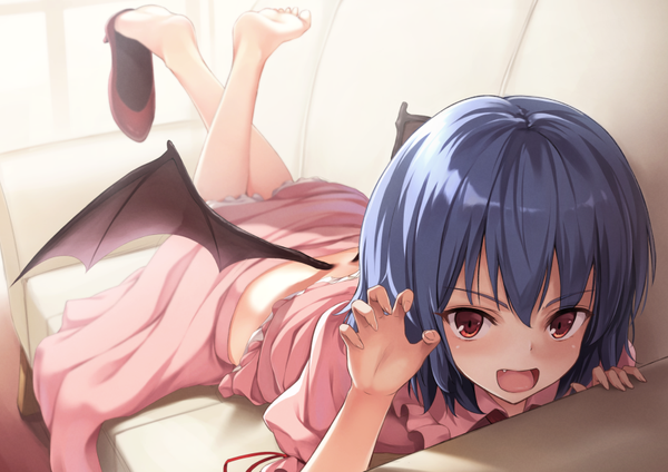 Anime picture 860x609 with touhou remilia scarlet ouka (ra-raradan) single looking at viewer blush fringe short hair open mouth red eyes blue hair full body indoors lying bare legs fang (fangs) legs on stomach legs up girl