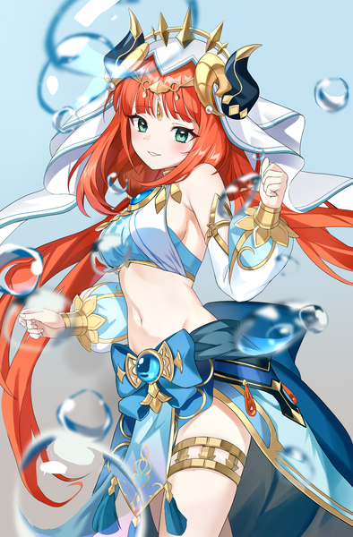 Anime picture 3000x4567 with genshin impact nilou (genshin impact) jjetotwt single long hair tall image looking at viewer blush fringe highres breasts light erotic simple background smile standing twintails red hair blunt bangs long sleeves horn (horns)