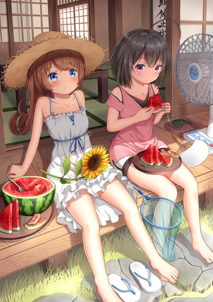 Anime picture 2024x2863 with original superpig (wlstjqdla) long hair tall image blush fringe highres short hair blue eyes black hair brown hair sitting bare shoulders multiple girls ahoge pink eyes barefoot sunlight bare legs shadow