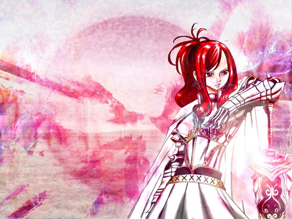 Anime picture 1024x768 with fairy tail erza scarlet single long hair fringe red eyes standing payot looking away ponytail red hair parted lips girl dress weapon sword armor cape gauntlets armored dress