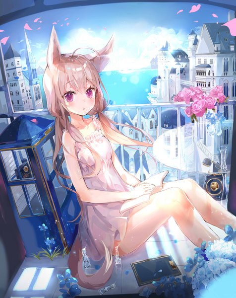 Anime picture 2419x3047 with original b rock single long hair tall image looking at viewer blush fringe highres hair between eyes brown hair sitting twintails purple eyes animal ears cloud (clouds) ahoge tail animal tail :o