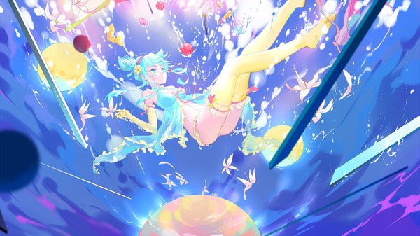 Anime picture 2592x1456 with girl (anime expo) kami-sama (girl) qidai single long hair highres breasts light erotic wide image payot looking away aqua eyes aqua hair hair bun (hair buns) no shoes looking up underwater falling girl thighhighs