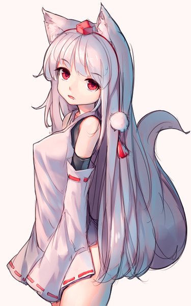 Anime picture 800x1280 with touhou inubashiri momiji shone single long hair tall image looking at viewer fringe open mouth light erotic simple background red eyes animal ears silver hair tail animal tail grey background teeth fang (fangs) alternate hairstyle