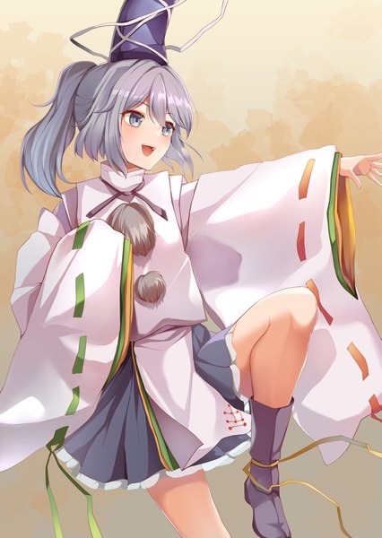 Anime picture 2480x3496 with touhou mononobe no futo koizumo single long hair tall image highres open mouth standing payot looking away ponytail traditional clothes :d japanese clothes grey hair wide sleeves grey eyes standing on one leg girl