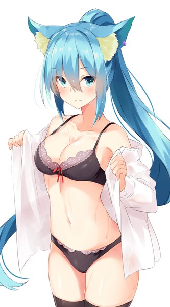 Anime picture 2016x3624 with takehana note single long hair tall image looking at viewer blush highres breasts blue eyes light erotic simple background large breasts standing white background bare shoulders holding animal ears payot blue hair upper body