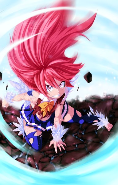 Anime picture 3200x5000 with fairy tail wendy marvell salim202 single long hair tall image highres pink hair absurdres sky pleated skirt pink eyes loli tattoo grin torn clothes coloring magic angry battle