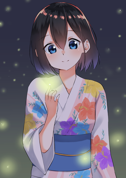 Anime picture 1257x1775 with original suzunari shizuku yuki arare single tall image blush short hair blue eyes black hair standing upper body traditional clothes head tilt japanese clothes light smile night floral print girl insect yukata