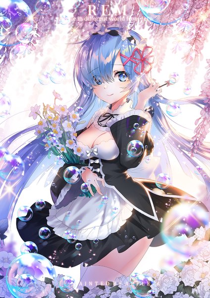 Anime picture 900x1273 with re:zero kara hajimeru isekai seikatsu white fox rem (re:zero) apple caramel single long hair tall image looking at viewer blush fringe breasts blue eyes simple background smile large breasts standing signed blue hair cleavage hair over one eye