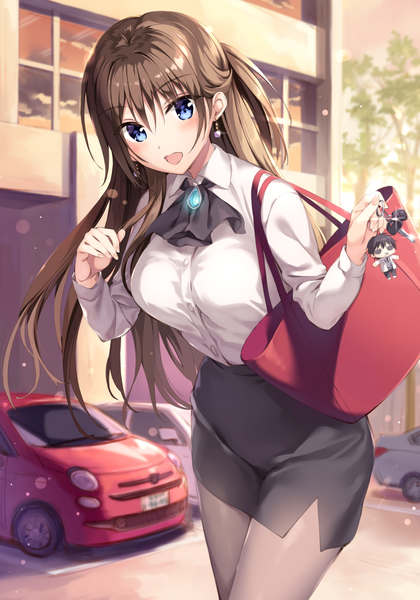 Anime picture 815x1163 with boku no kanojo sensei fujiki maka oryou single long hair tall image looking at viewer blush fringe breasts open mouth blue eyes smile hair between eyes brown hair standing holding outdoors :d arm up