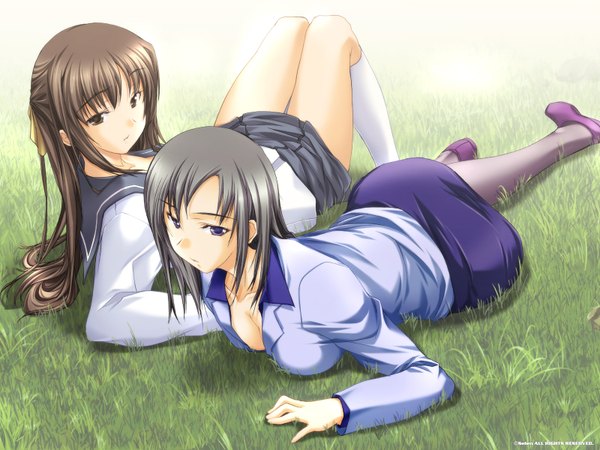 Anime picture 1600x1200 with ringetsu selen hizuki shino hizuki ayumi teacher uniform plant (plants) school uniform pantyhose grass